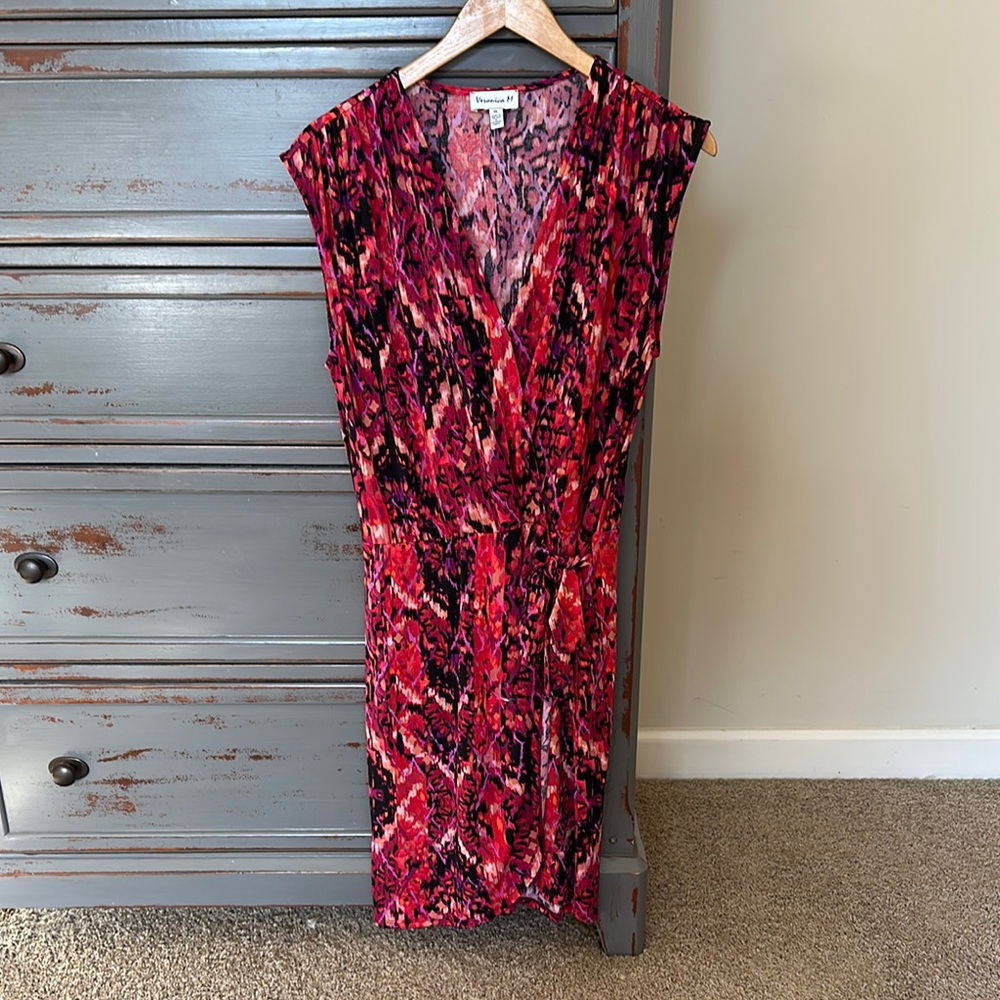 Red and Pink Wrap Midi Dress with V-Neck and Cap Sleeves